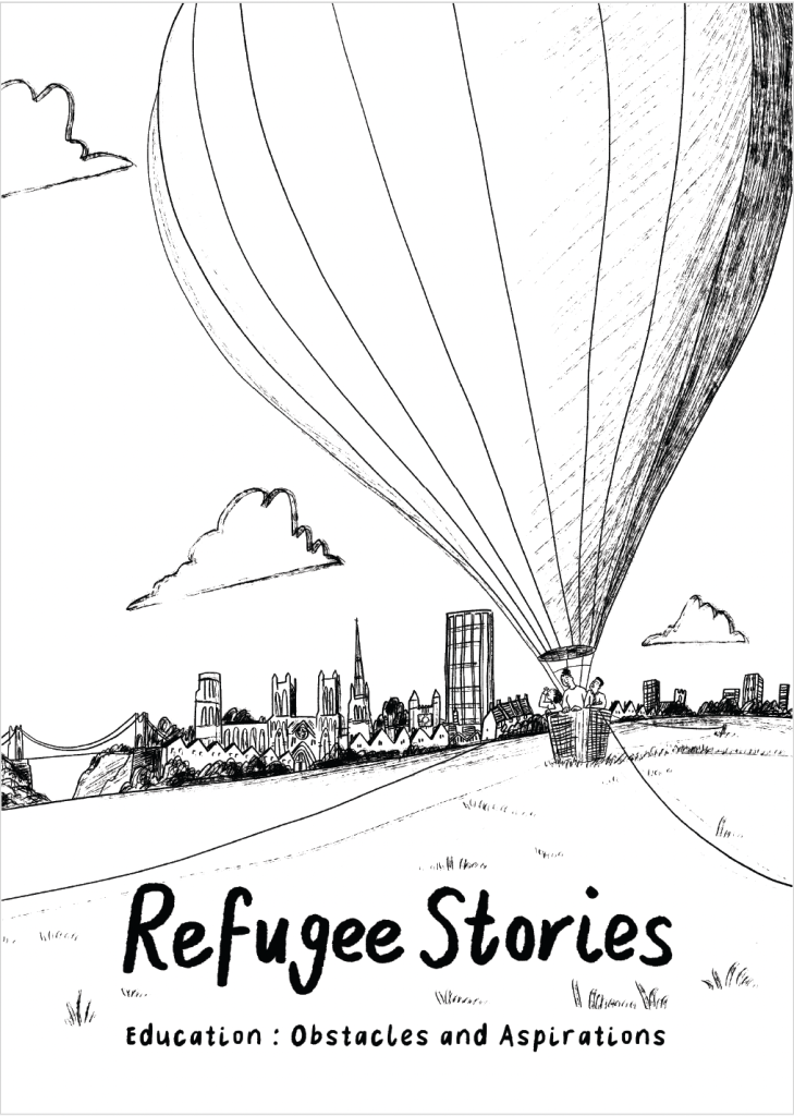 Cover of "Refugee Stories". A black and white drawing of figures in a hot air balloon. Bristol is in the background.